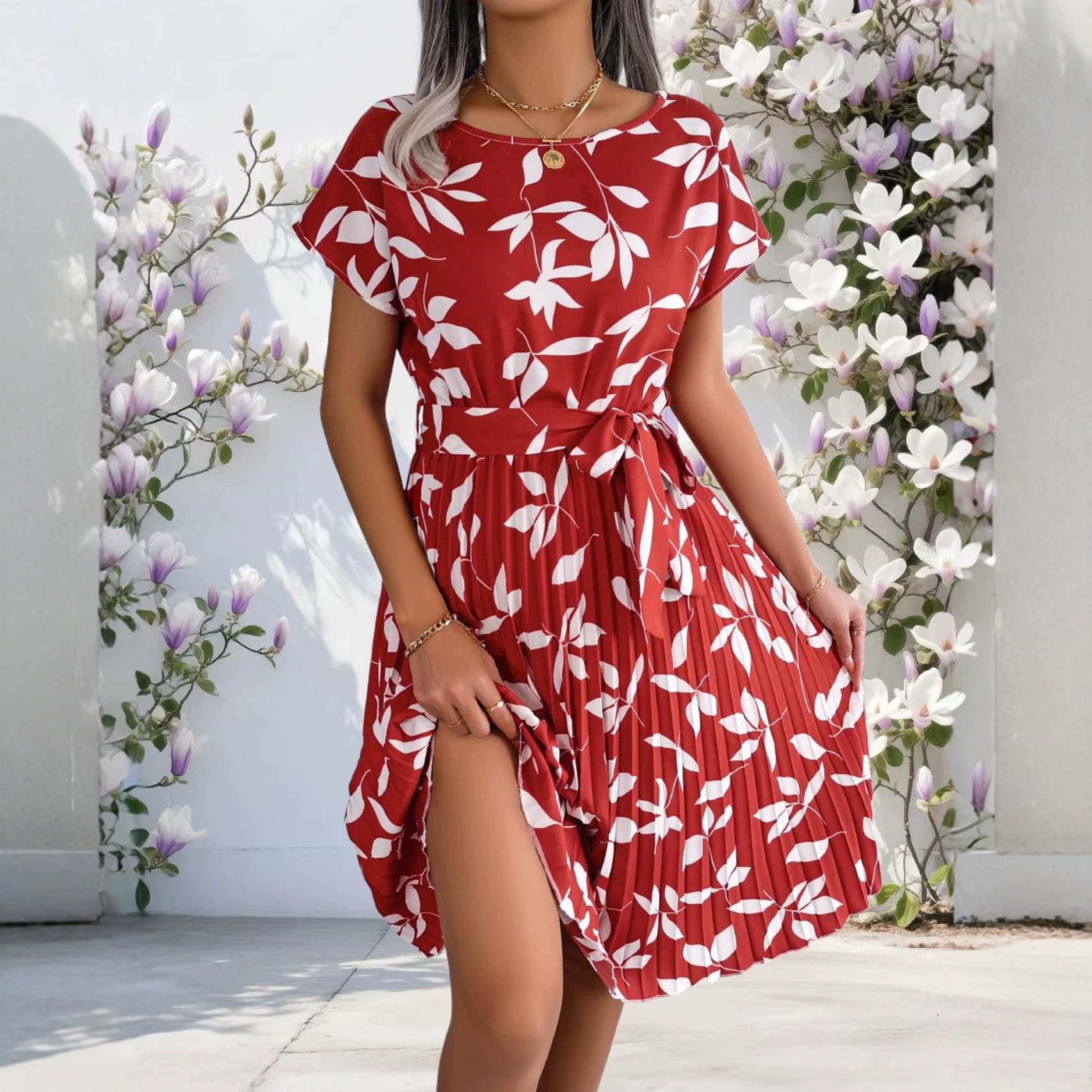 Floral Print Short Sleeve Dress with Round Neck, Tie Waist, Pleated A-Line Skirt
