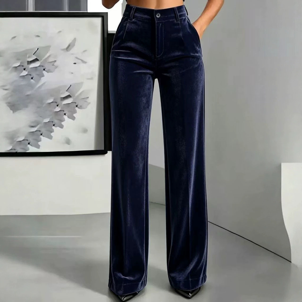 Women's High-Waist Velvet Straight-Leg Pants Slimming Tummy-Control