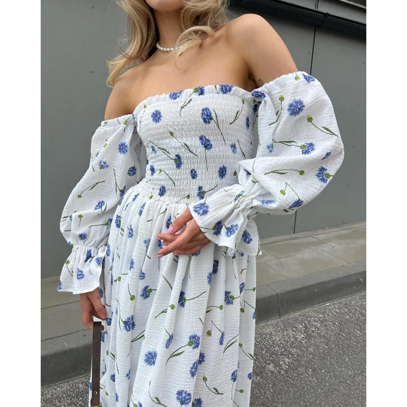 Off-Shoulder Floral Pleated Lantern Sleeve Long Sleeve Dress