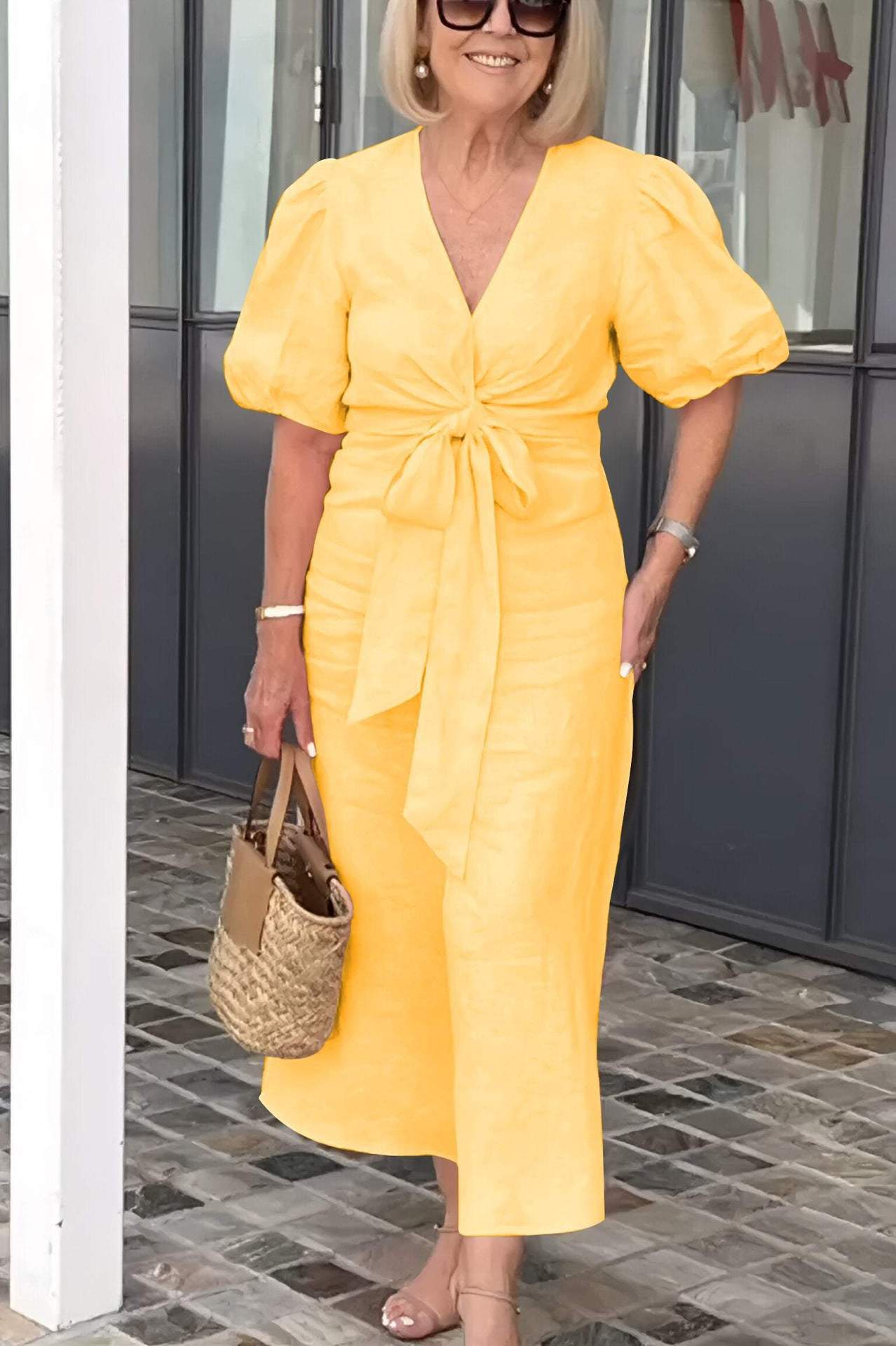 V-Neck Tie-Front Bubble Sleeve Cotton Dress