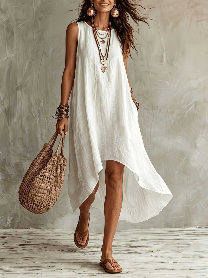 Solid Sleeveless A-Line Maxi Dress Round Neck Loose Fit