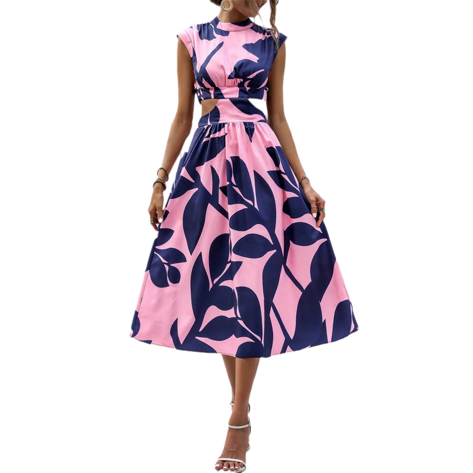 Women's Floral Print High-Waist Short-Sleeve Midi Dress