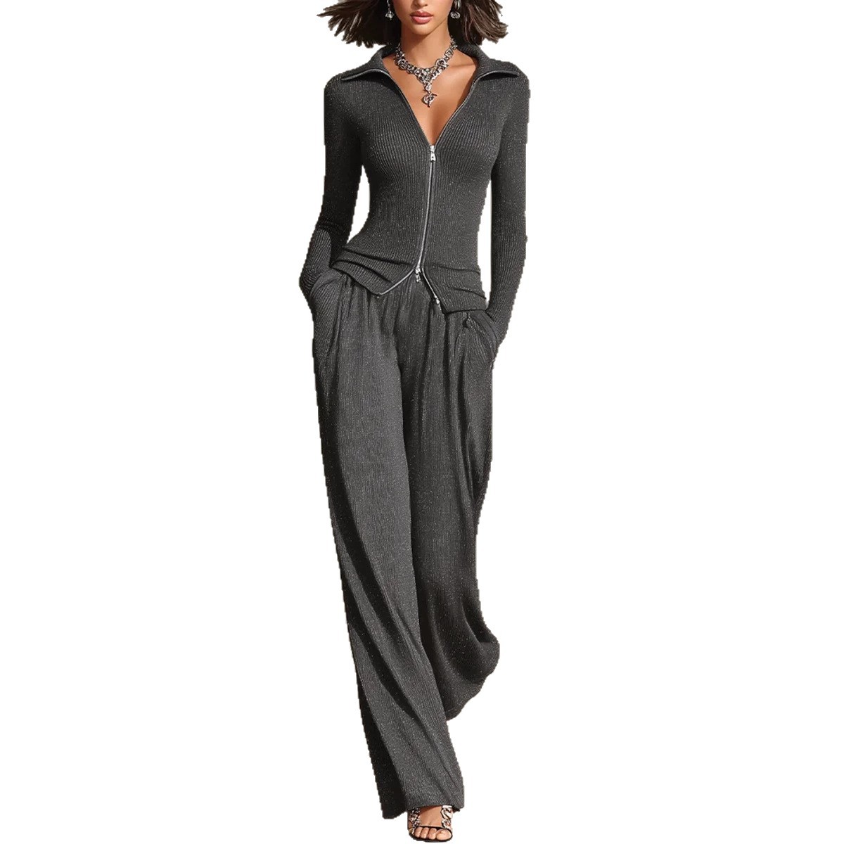 Women's Collared Double-Zip Knit Fitted Top and Wide-Leg Pants Set