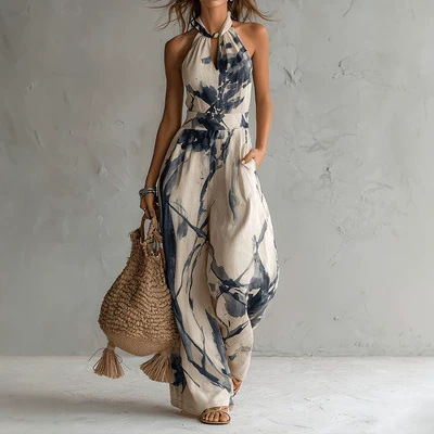 Ink Print Wide-Leg Pocket Sleeveless Halter Jumpsuit