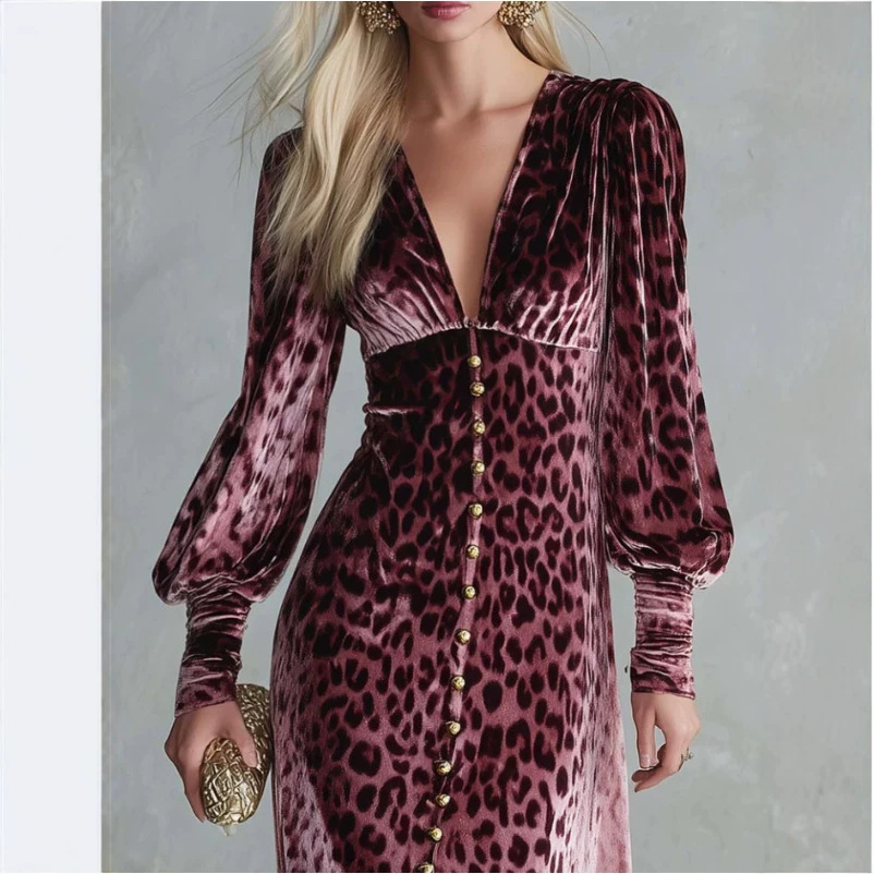 Leopard Print Velvet V-Neck Slit Long Sleeve Maxi Dress