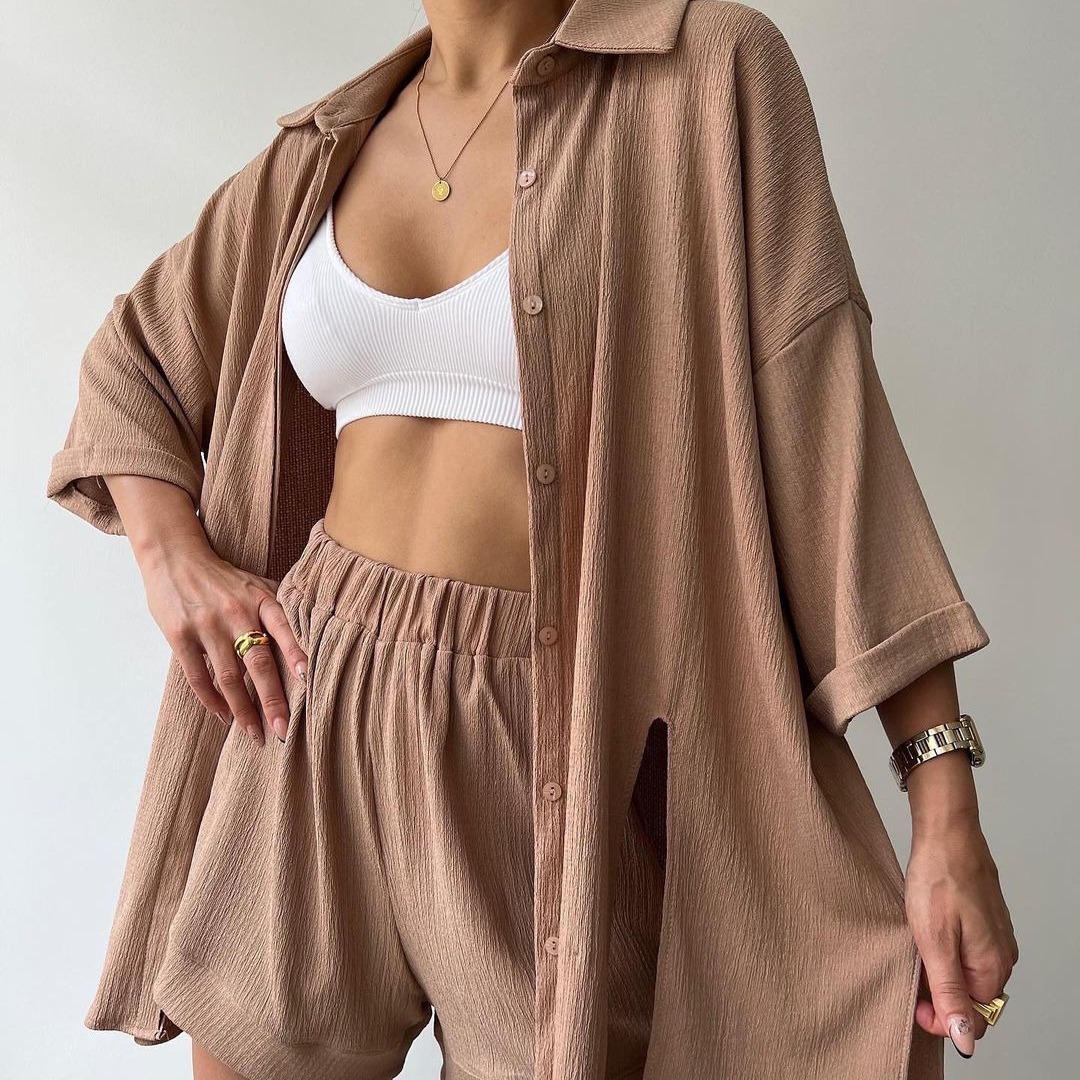 Women's Split Front Midi Sleeve Shirt and Shorts Set