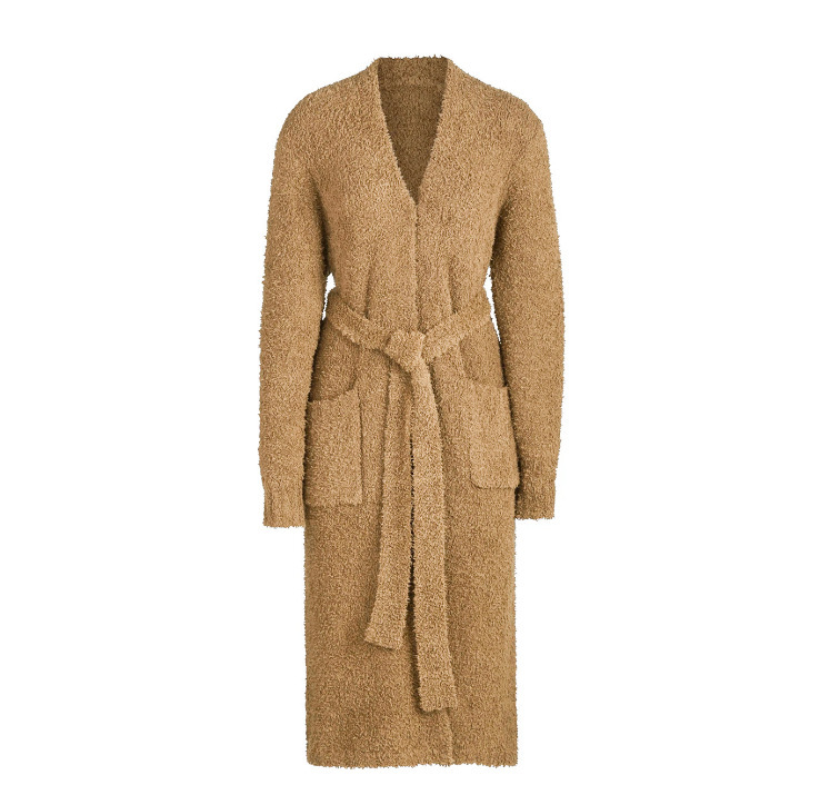 Women's Plush Tie-Belt Long Three-Piece Loungewear Set with Robe and Pants