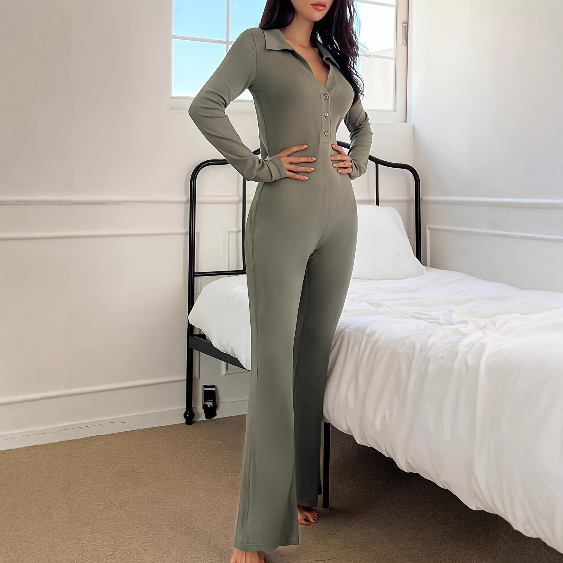 Polo Neck Long Sleeve Button Knit Jumpsuit Slimming Butt-Lifting