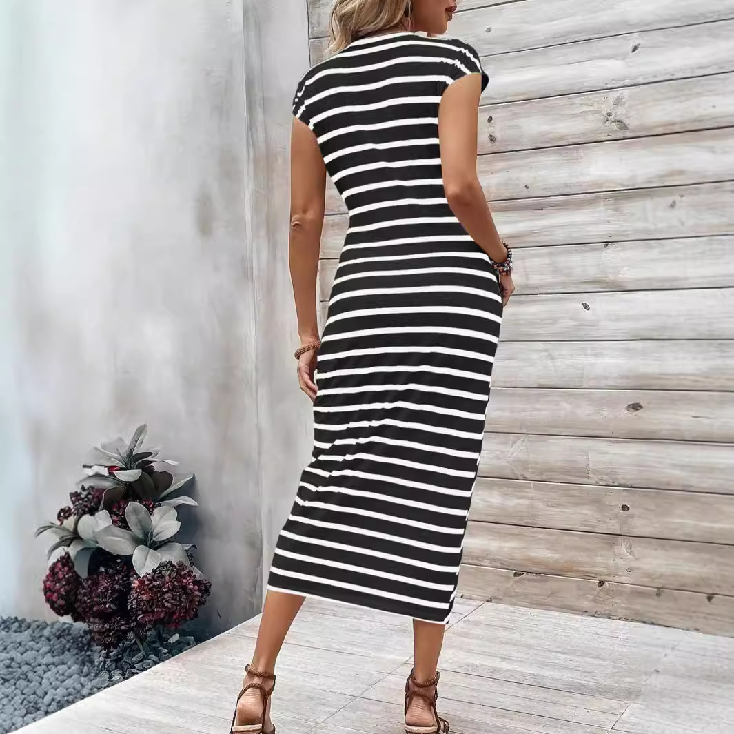 Striped Round Neck Short Sleeve Midi Dress with Waist Tie