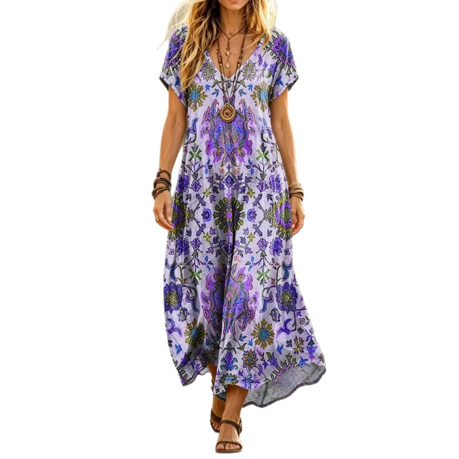 Women's Floral Print Midi Dress Short Sleeve Deep V-Neck Bodycon Casual