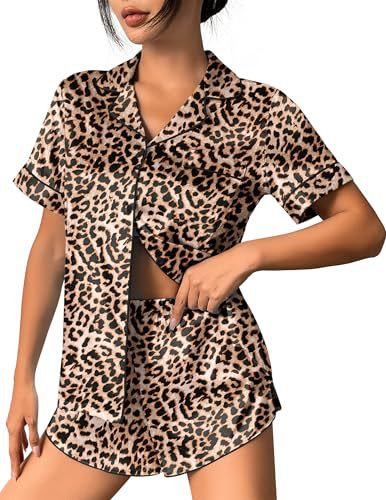 Women's Cuban Collar Leopard Tree Floral Monkey Print Short Sleeve Set