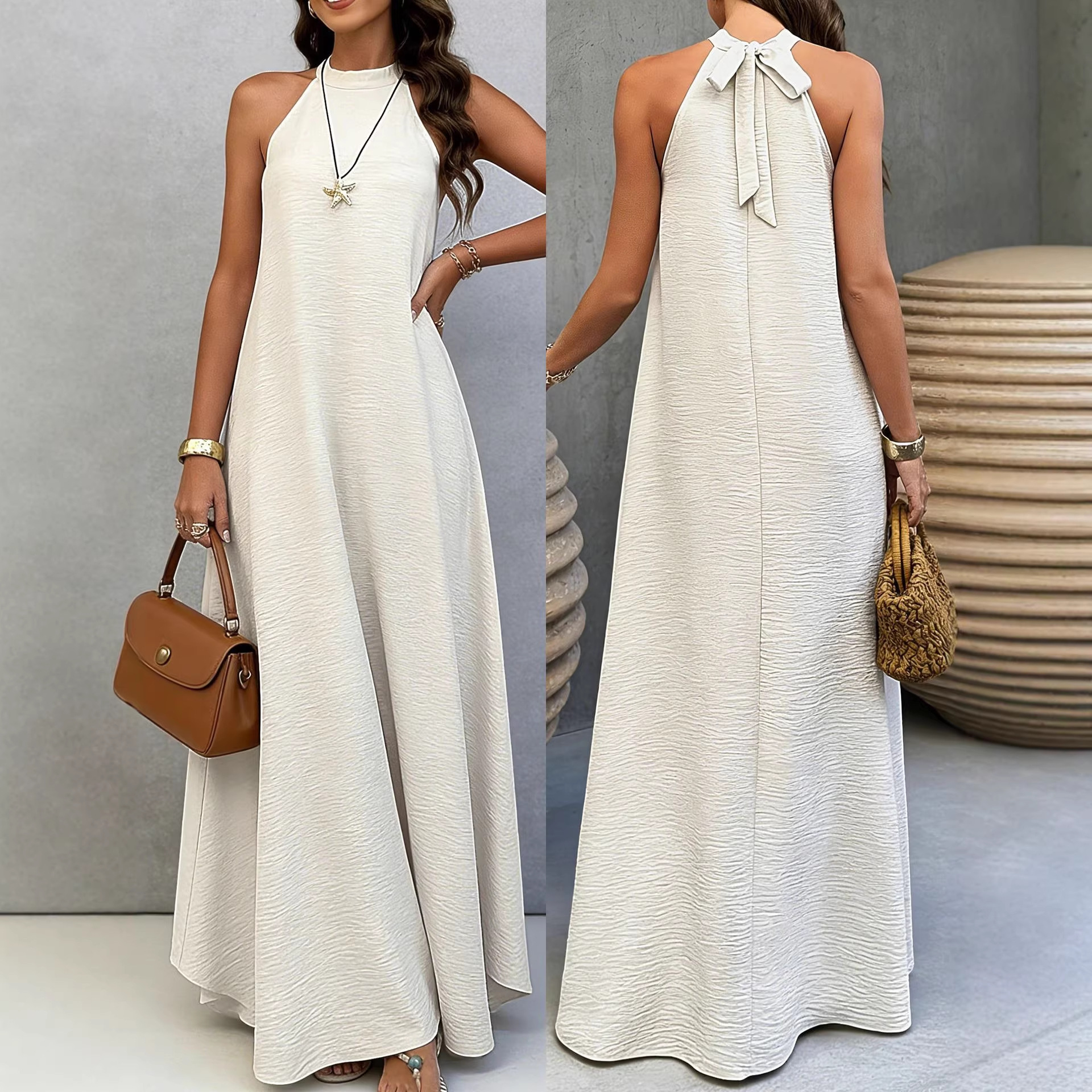 Women's Ice Silk Crinkle Sleeveless Maxi Dress Loose A-Line Solid Color Vacation