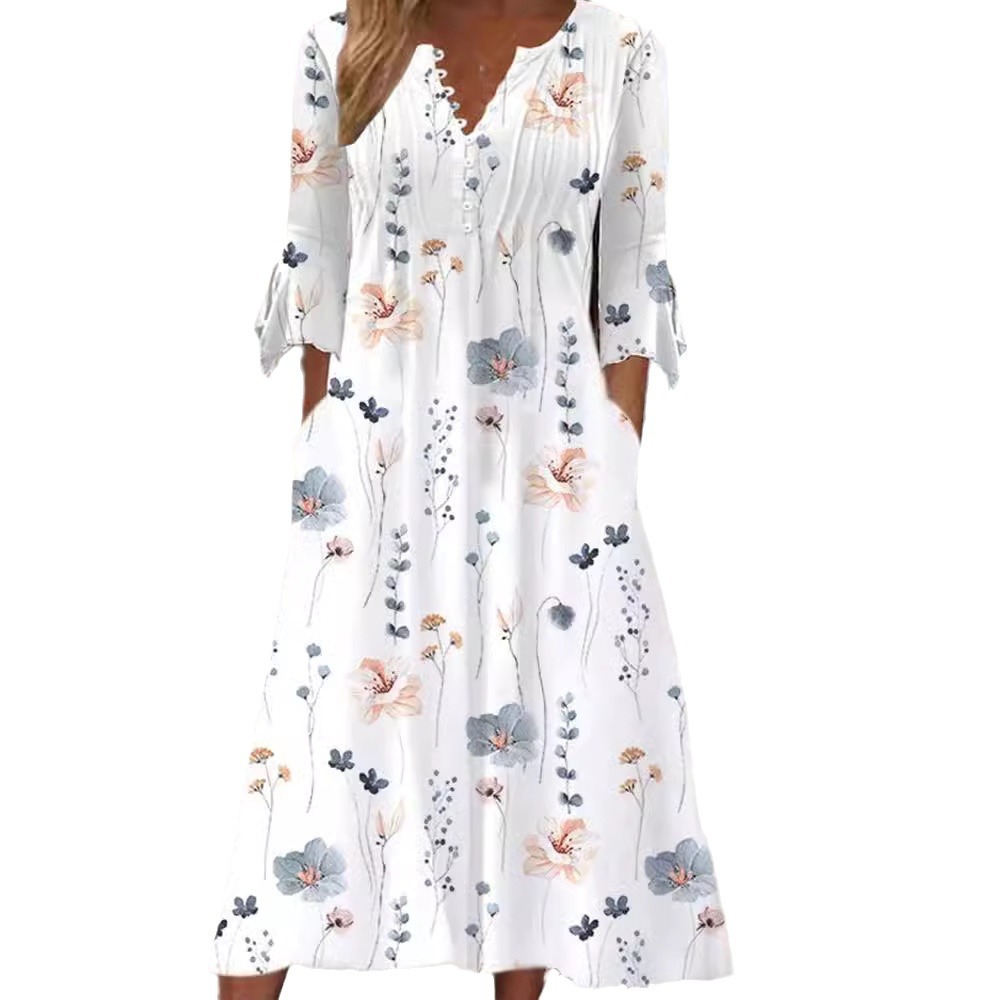 Women's Printed V-Neck Midi Dress with Adjustable Button Detail