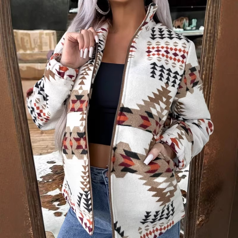 Western Print Zip-Up Cardigan Jacket