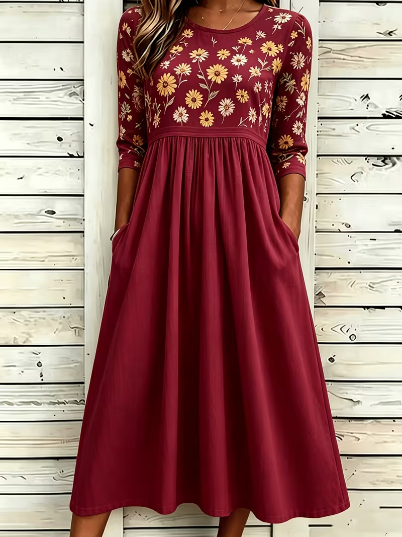 Women's Floral Print Pleated Midi Dress Round Neck Five-Sleeve Slim Fit