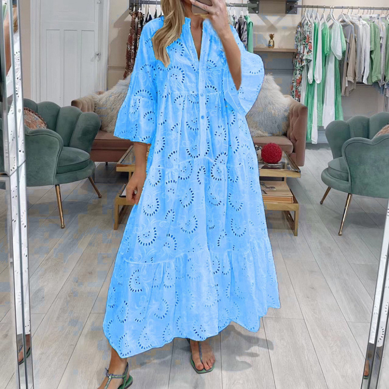 Women's French V-Neck Bell Sleeve Lace Hollow Out Long Dress