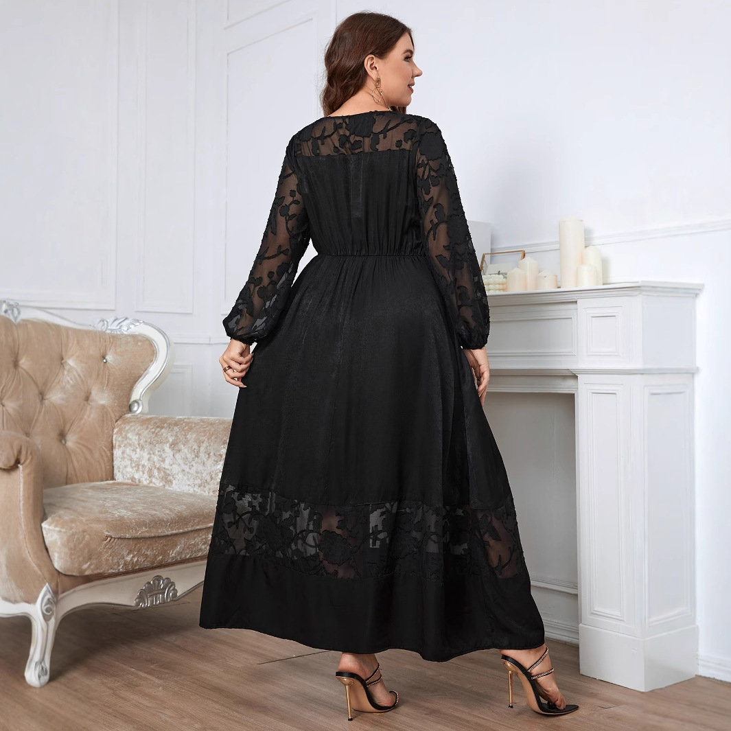 Women's Lace Over-Knee Long Sleeve Dress Slimming Black