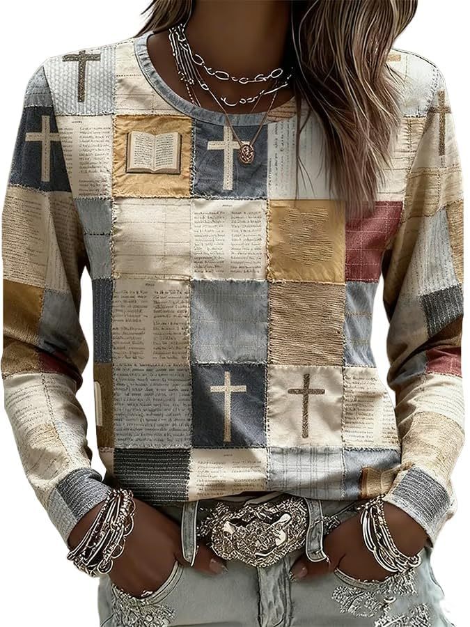Women's Plaid Cross Floral Book Print Crewneck Sweatshirt