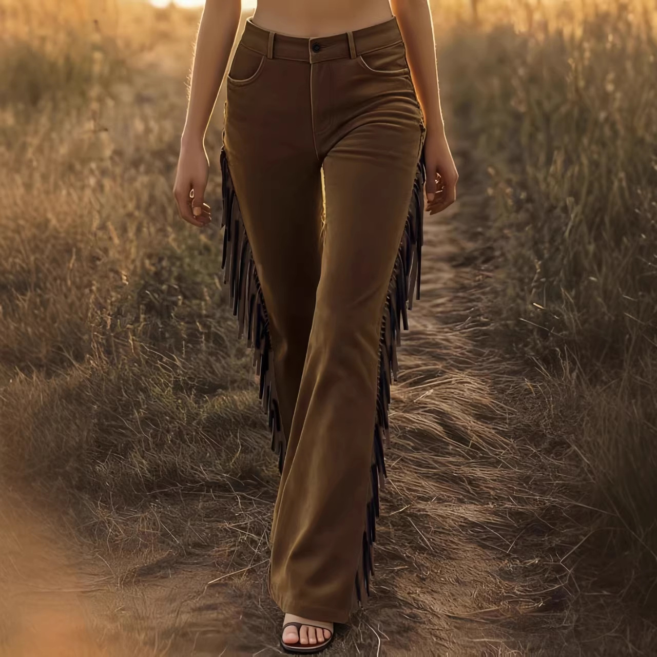 Women's Retro Fringe Faux Suede Flare Pants