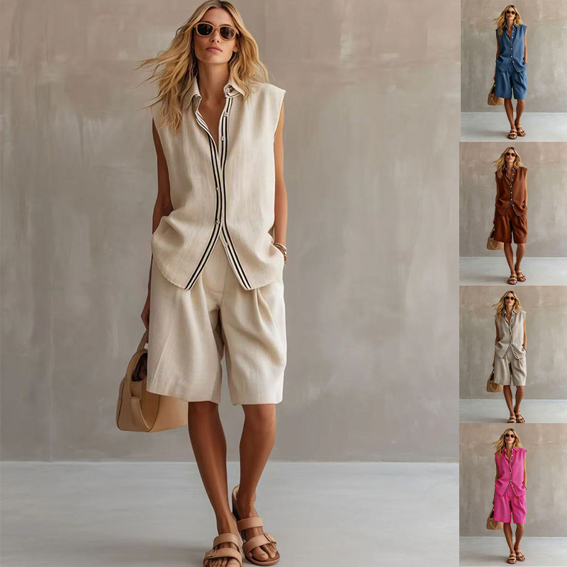 Women's Sleeveless Linen Shirt and Shorts Set Single-Breasted Solid Color