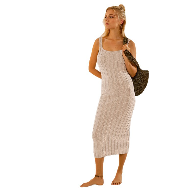 Women's Sleeveless Knit Maxi Dress Solid Color High Waist A-Line