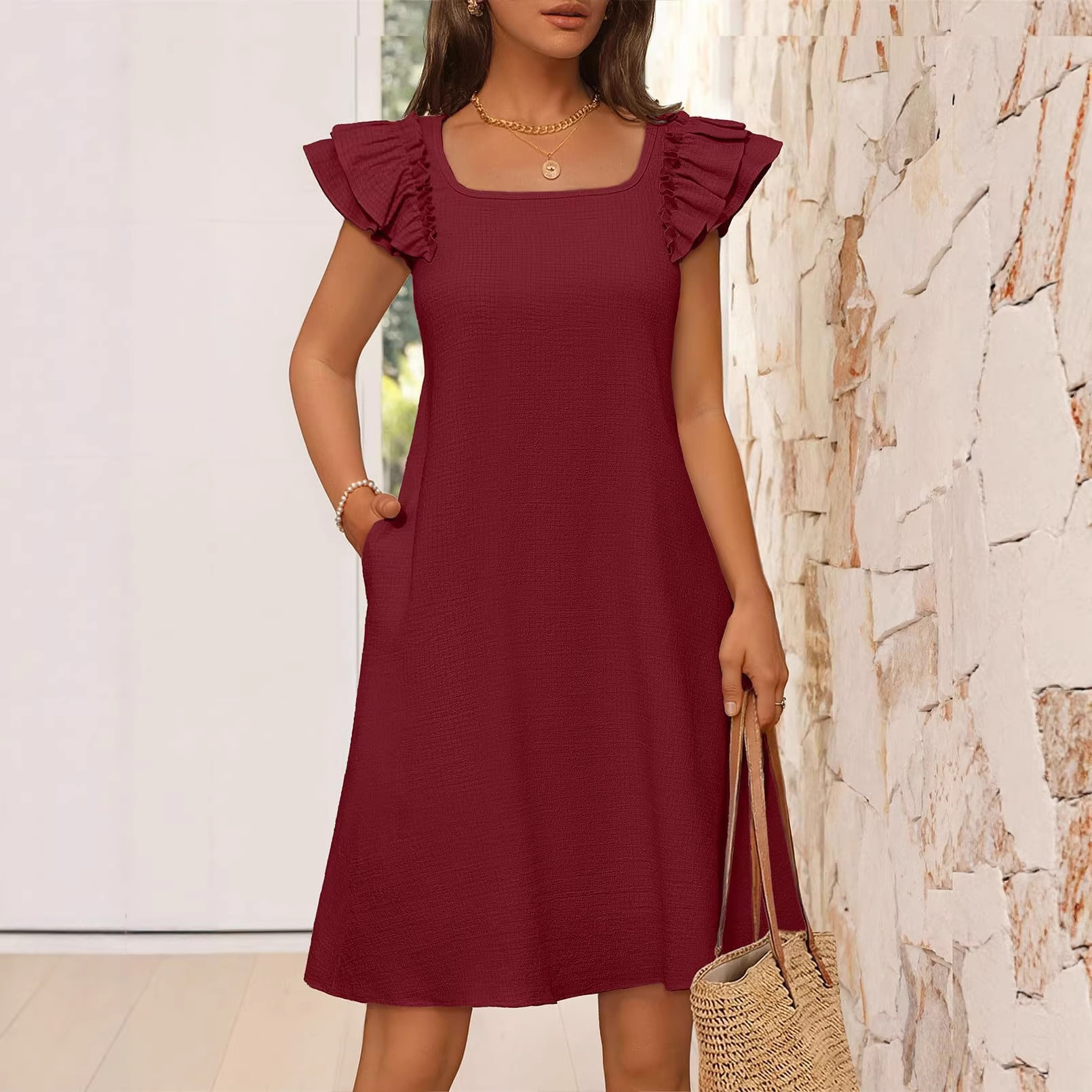 Women's Double Ruffle Sleeve Back Bow Dress