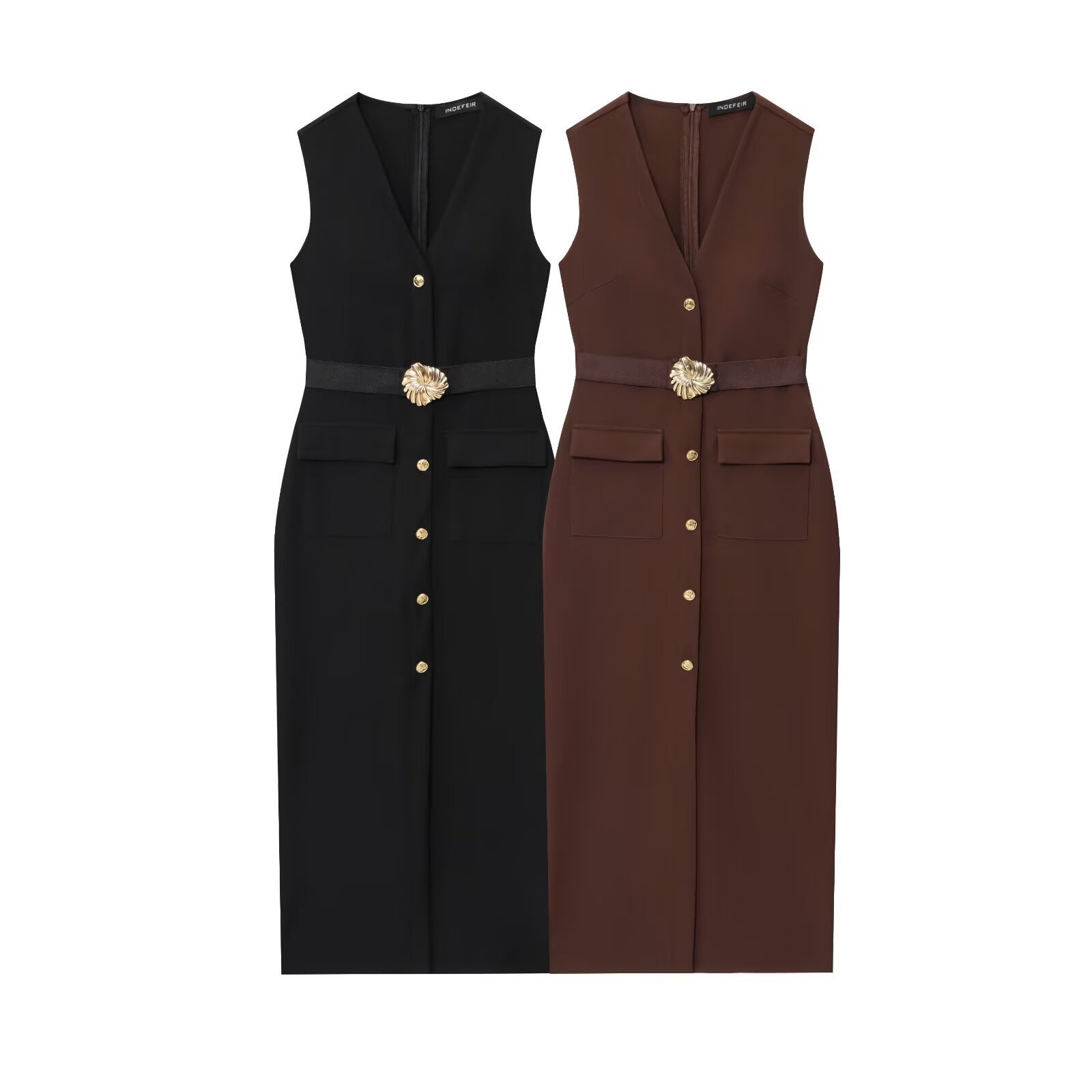 Women's Belted Crepe Midi Dress with Collar Sleeveless Solid