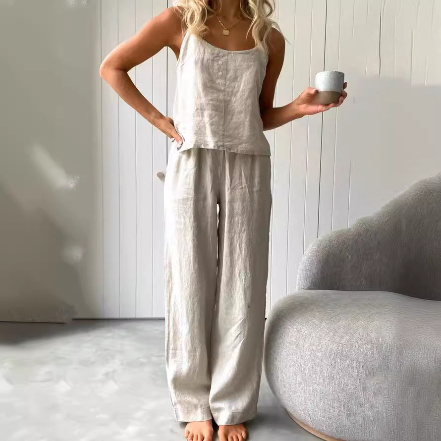 Cotton Linen Sleeveless Cami & Long Pants Two-Piece Set