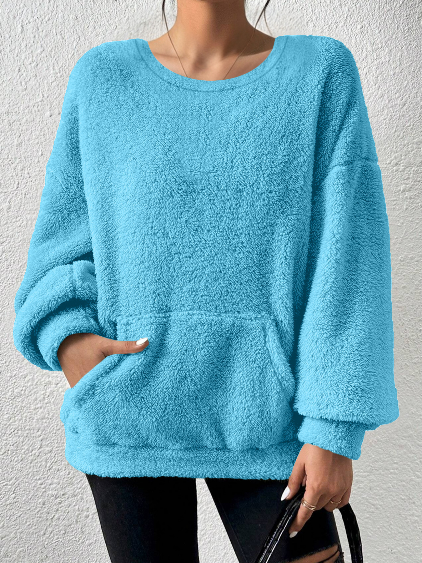 Solid Crewneck Long-Sleeve Pocket Pullover Sweatshirt