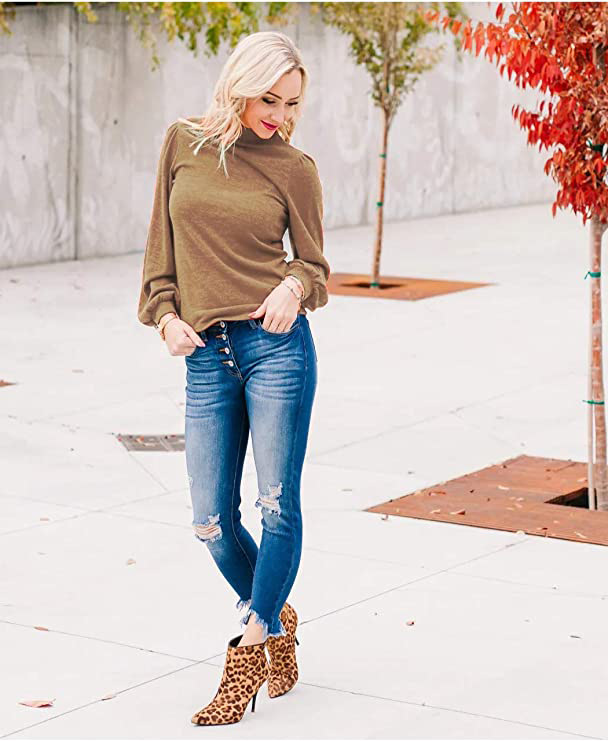 Button-Down High Neck Balloon Sleeve Loose Knit Sweater