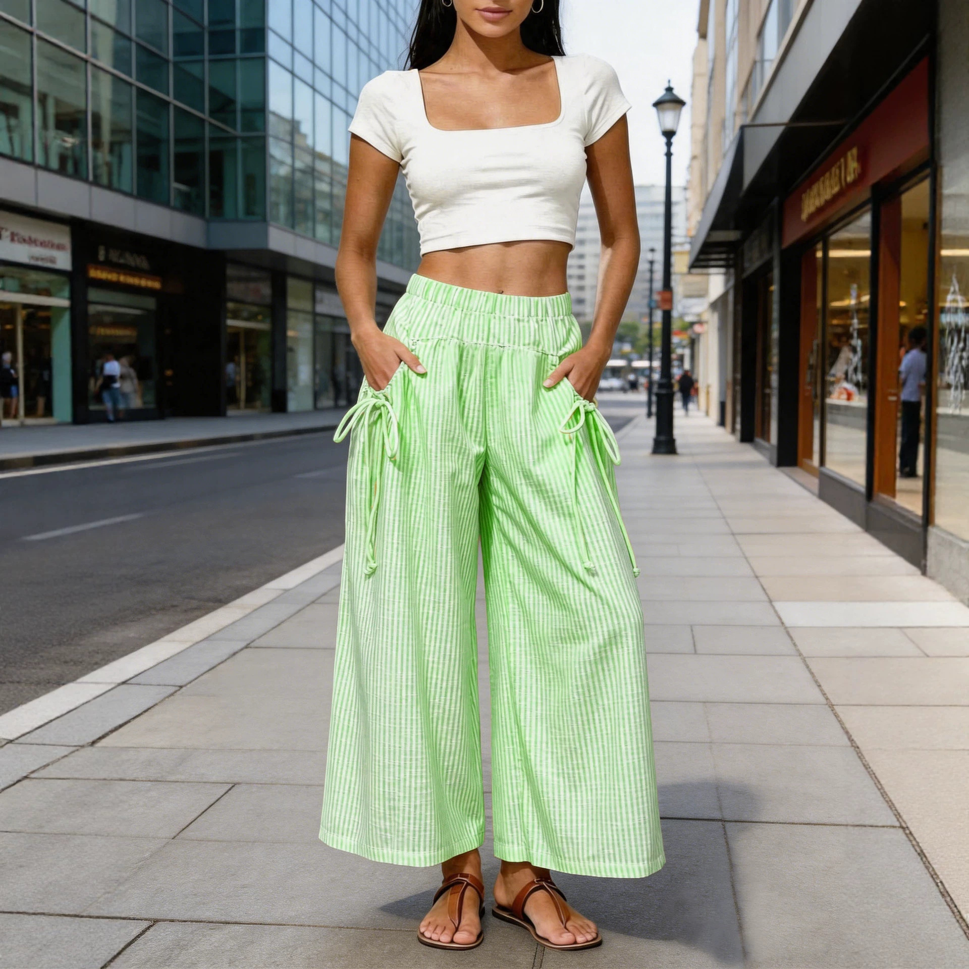Drawstring Elastic Waist Wide Leg Cropped Pants
