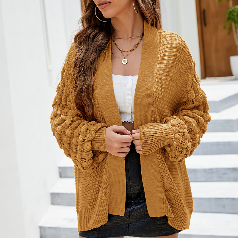 Solid Color Loose Knit Cardigan with Lantern Sleeves
