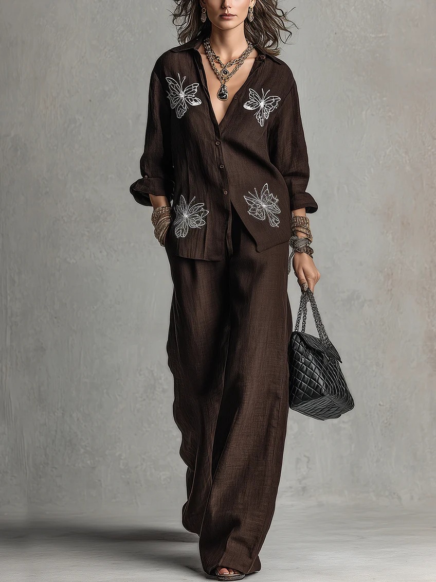 Women's Butterfly Embroidered Shirt & Wide-Leg Pants Two-Piece Set
