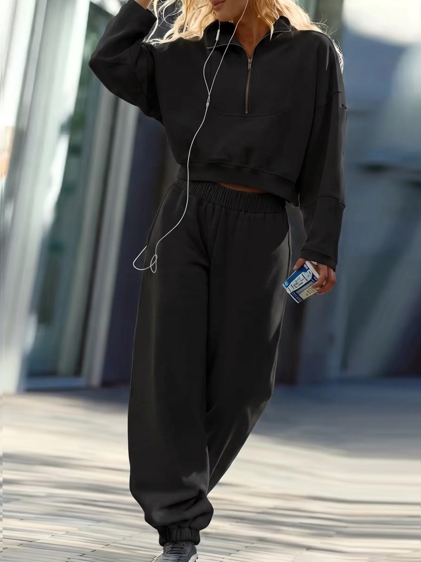 Women's Half-Zip Pullover Sweatshirt and Pants Set Casual Solid Color