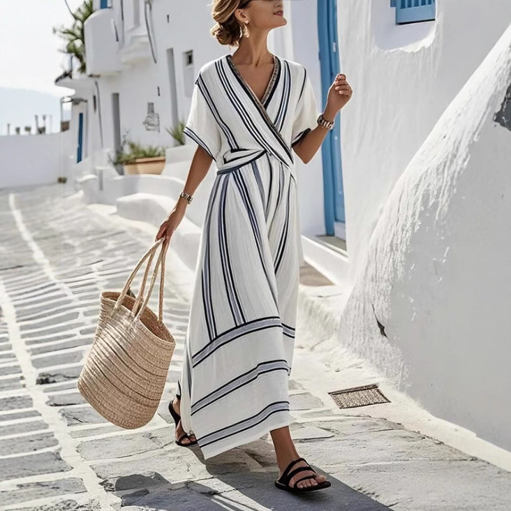 Women's V-Neck Short Sleeve Pleated Maxi Dress