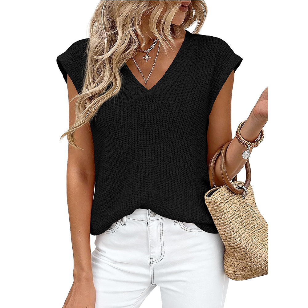Women's V-Neck Short Sleeve Chunky Knit Sweater Top