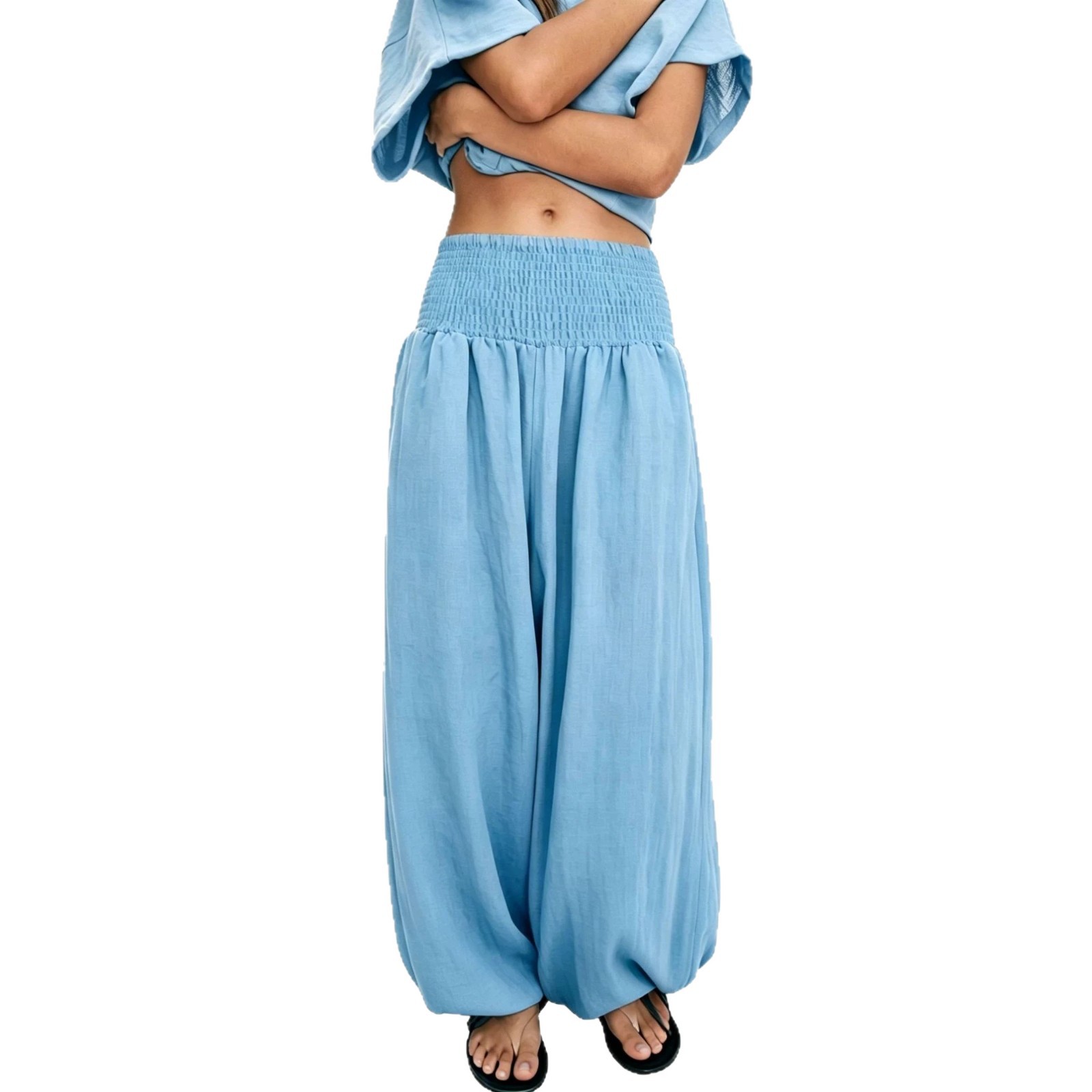 2026 Amazon New Hot-Seller Cross-Border Women's High-Waist Smocked Solid Color Cotton-Linen Fashion Casual Lantern Pants Wide-Leg Women