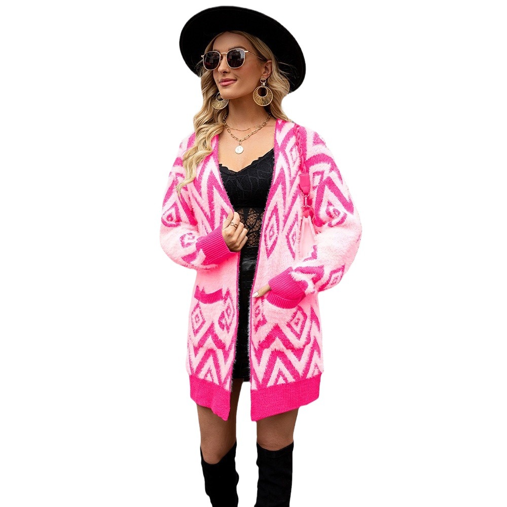 Women's Vintage Argyle Cardigan Sweater Long Sleeve V-Neck Midi Coat
