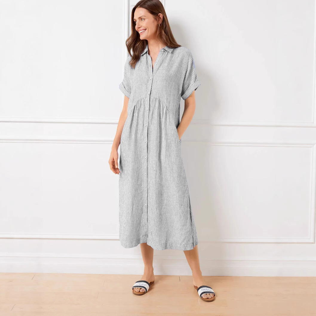 Striped Short Sleeve Shirt Dress Women's Loose Plus Size Cotton Linen Midi Dress