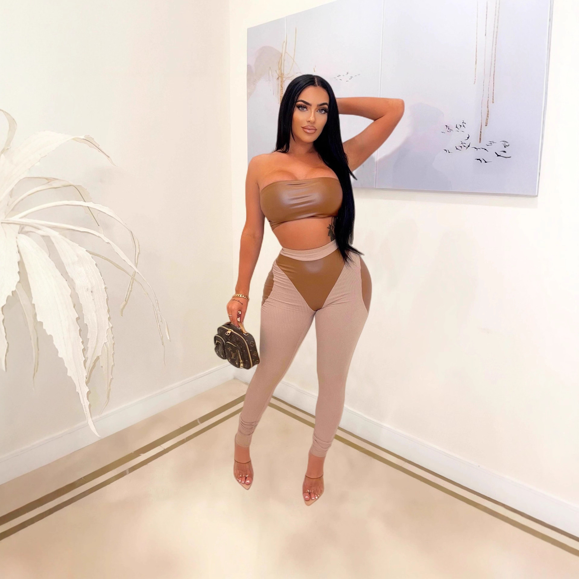 Women's Sexy Colorblock Two-Piece Set Tube Top PU Leather Pants Slim Fit