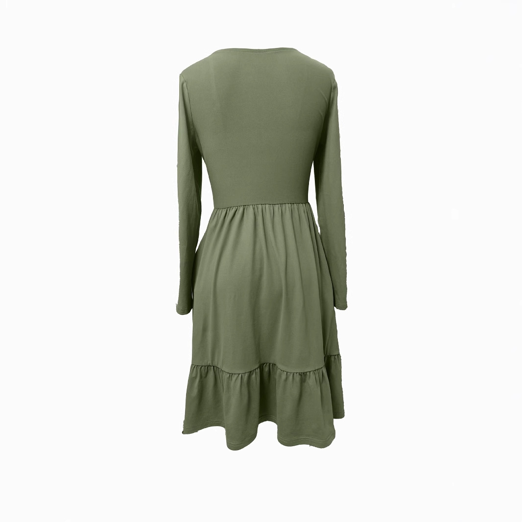 Women's Long Sleeve A-Line Ruffle Hem Patchwork Dress