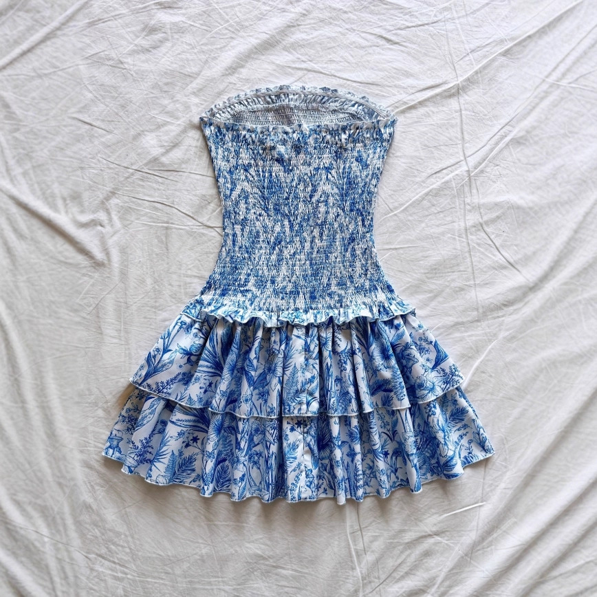 Women's Elegant A-Line Ruffle Floral Print Strapless Dress