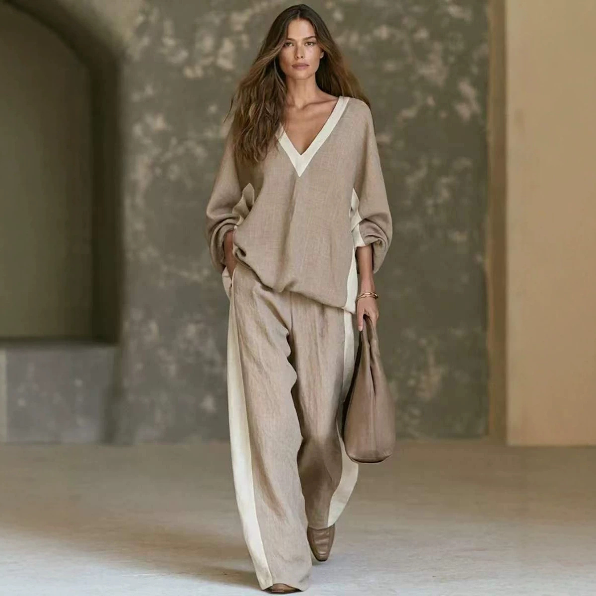 V-Neck Loose Wide-Leg Two-Piece Pants Set