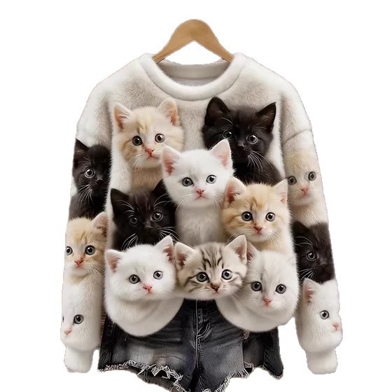 Women's Cute Cat Print Crewneck Sweatshirt