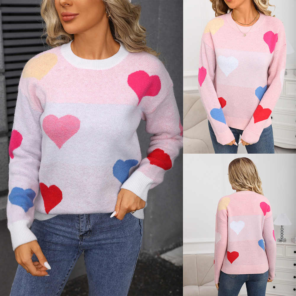 Heart Pattern Crewneck Knit Pullover Sweater