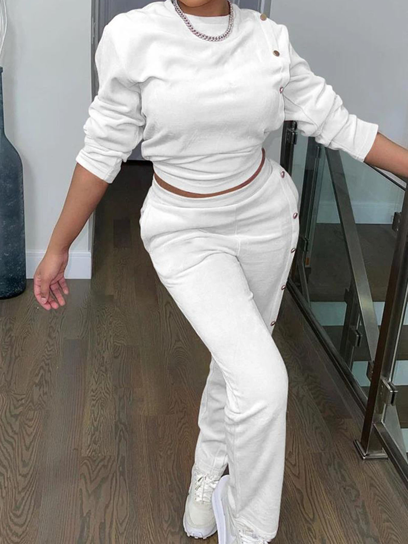 Side Button Two-Piece Sweatsuit Long Sleeve Top & Pants Casual Set