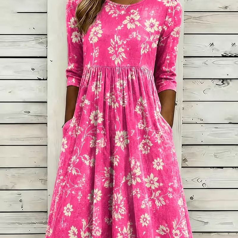 Women's Vintage Floral Print Pleated Midi Dress