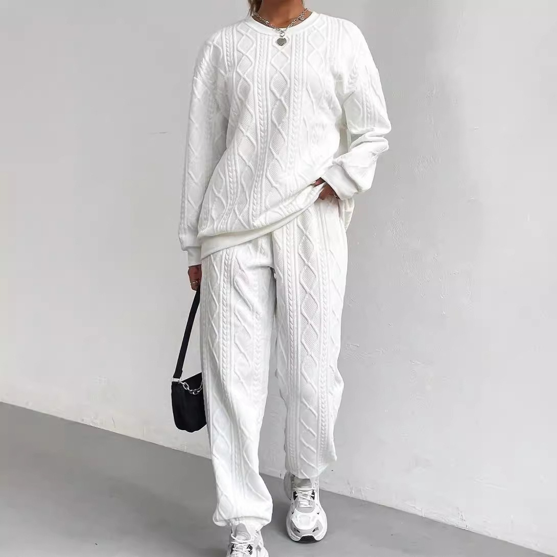 Women's Cable Knit Patchwork Long Sleeve Round Neck Top and Jogger Pants Two-Piece Set