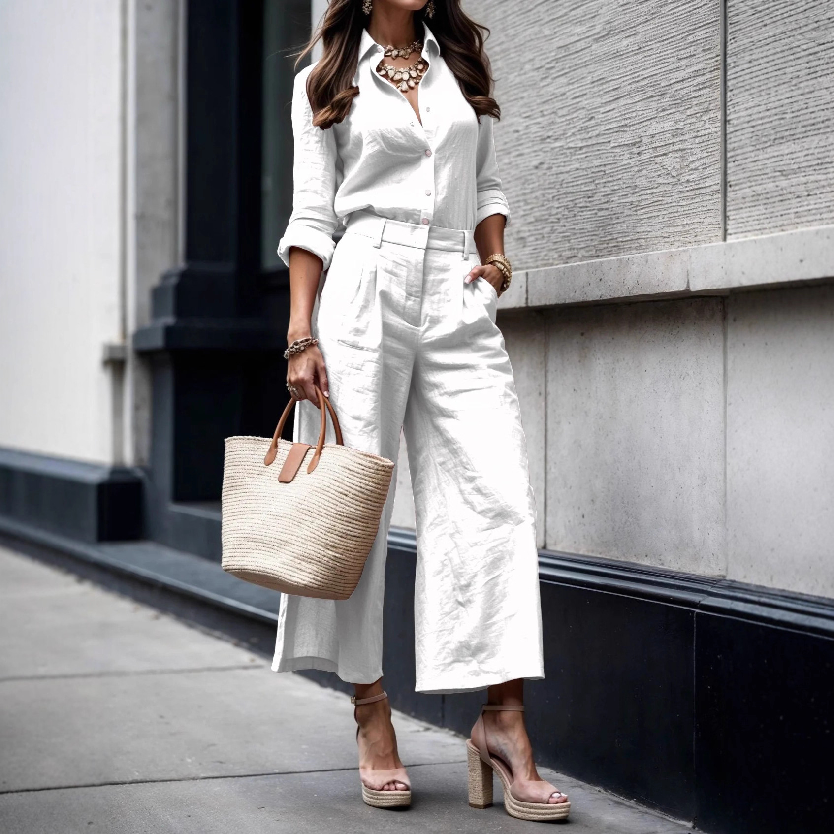 Women's Long Sleeve Solid Button Cardigan Shirt and Pants Two-Piece Set