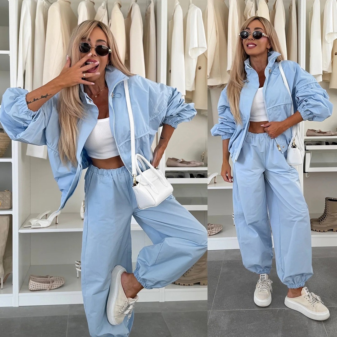 Women's Solid Color Zip-Up Collared Cardigan and Jogger Pants Two-Piece Set